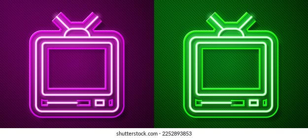 Glowing neon line Retro tv icon isolated on purple and green background. Television sign.  Vector Illustration