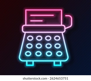 Glowing neon line Retro typewriter and paper sheet icon isolated on black background.  Vector