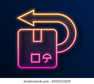 Glowing neon line Return cardboard box icon isolated on black background. Box, package, parcel sign. Delivery and packaging.  Vector