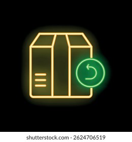 Glowing neon line return cardboard box icon isolated on black background. Parcel return. Concept illustration. Vector