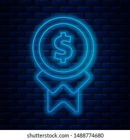 Glowing Neon Line Reward For Good Work Icon Isolated On Brick Wall Background. Employee Of The Month, Talent Award, Outstanding Achievement, Successful Person.  Vector Illustration