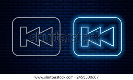Glowing neon line Rewind button icon isolated on brick wall background.  Vector