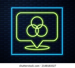 Glowing neon line RGB and CMYK color mixing icon isolated on brick wall background.  Vector