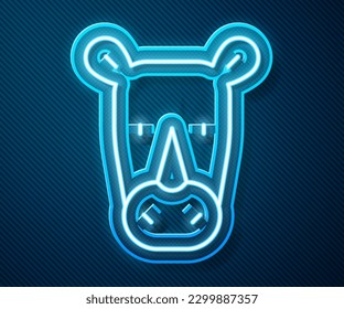 Glowing neon line Rhinoceros icon isolated on blue background. Animal symbol.  Vector