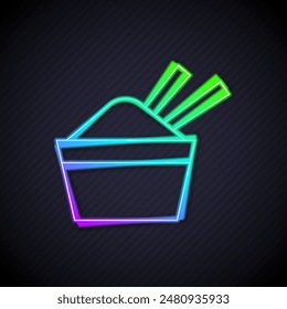 Glowing neon line Rice in a bowl with chopstick icon isolated on black background. Traditional Asian food.  Vector