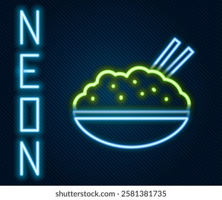 Glowing neon line Rice in a bowl with chopstick icon isolated on black background. Traditional Asian food. Colorful outline concept. Vector Illustration