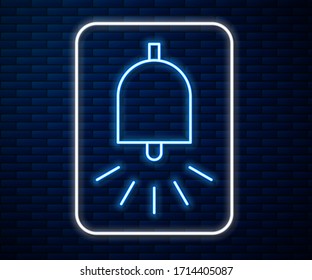 Glowing neon line Ringing alarm bell icon isolated on brick wall background. Fire alarm system. Service bell, handbell sign, notification symbol.  Vector Illustration