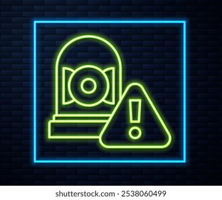 Glowing neon line Ringing alarm bell icon isolated on brick wall background. Alarm symbol, service bell, handbell sign, notification symbol.  Vector