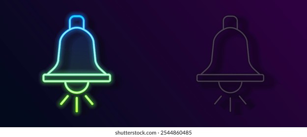 Glowing neon line Ringing alarm bell icon isolated on black background. Fire alarm system. Service bell, handbell sign, notification symbol.  Vector