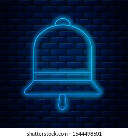 Glowing neon line Ringing bell icon isolated on brick wall background. Alarm symbol, service bell, handbell sign, notification symbol.  Vector Illustration