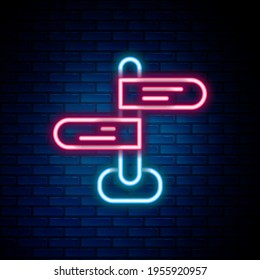 Glowing neon line Road traffic sign. Signpost icon isolated on brick wall background. Pointer symbol. Isolated street information sign. Direction sign. Colorful outline concept. Vector