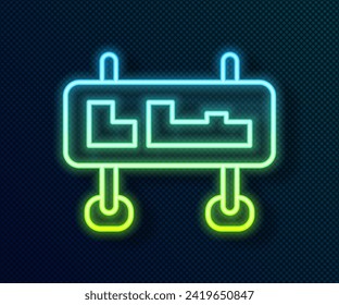 Glowing neon line Road traffic sign. Signpost icon isolated on black background. Pointer symbol. Isolated street information sign. Direction sign.  Vector
