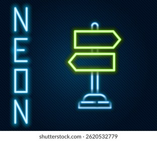 Glowing neon line Road traffic sign. Signpost icon isolated on black background. Pointer symbol. Isolated street information sign. Direction sign. Colorful outline concept. Vector Illustration