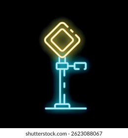 Glowing neon line road traffic sign icon isolated on black background. Traffic management concept. Vector illustration