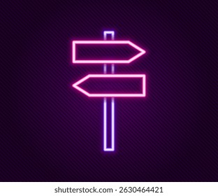Glowing neon line Road traffic sign. Signpost icon isolated on black background. Pointer symbol. Street information sign. Direction sign. Colorful outline concept. Vector