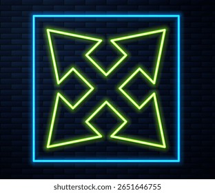 Gloeiende neon lijn verkeersbord. Wegwijzerplaat geïsoleerd op bakstenen muur achtergrond. Pointer-symbool. Geïsoleerde straat informatiebord. Richting teken.  vectorillustratie
