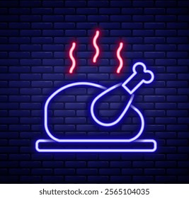 Glowing neon line Roasted turkey or chicken icon isolated on brick wall background. Colorful outline concept. Vector