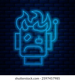 Glowing neon line Robot burned out icon isolated on brick wall background.  Vector