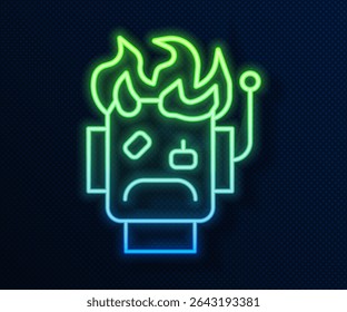 Glowing neon line Robot burned out icon isolated on blue background.  Vector