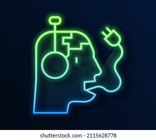 Línea de neón brillante Icono de batería de carga Robot aislado en fondo azul. Inteligencia artificial, aprendizaje automático, computación en la nube.  Vector