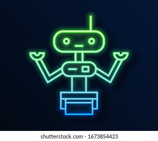 Glowing neon line Robot icon isolated on blue background.  Vector Illustration