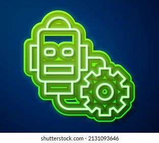 Glowing neon line Robot setting icon isolated on blue background. Artificial intelligence, machine learning, cloud computing.  Vector