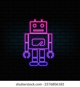 Glowing neon line Robot toy icon isolated on black background. Colorful outline concept.