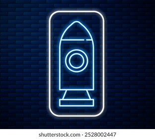 Glowing neon line Rocket ship icon isolated on brick wall background. Space travel.  Vector