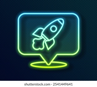 Icono brillante de la nave del cohete de la línea de neón aislado en fondo negro. Viajes espaciales.  Vector