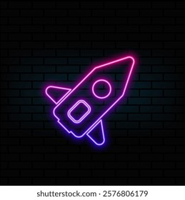 Glowing neon line Rocket ship icon isolated on brick wall background. Space travel. Colorful outline concept..