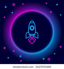 Glowing neon line Rocket ship icon isolated on black background. Space travel. Colorful outline concept. Vector