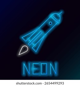 Leuchtende Neonlinie Raketenschiff mit Feuersymbol einzeln auf schwarzem Hintergrund. Raumfahrt. Farbiges Umrisskonzept Vektorgrafik
