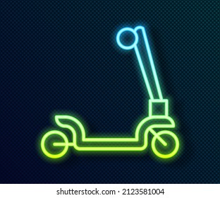 Glowing neon line Roller scooter for children icon isolated on black background. Kick scooter or balance bike.  Vector