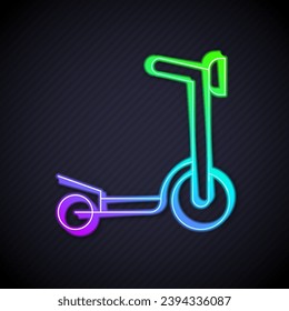 Glowing neon line Roller scooter for children icon isolated on black background. Kick scooter or balance bike.  Vector