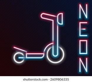 Glowing neon line Roller scooter for children icon isolated on black background. Kick scooter or balance bike. Colorful outline concept. Vector