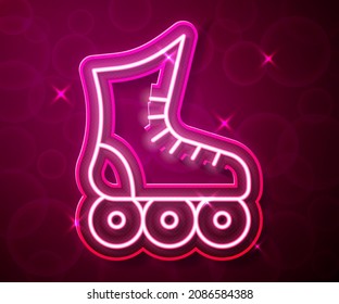 Glowing neon line Roller skate icon isolated on red background.  Vector