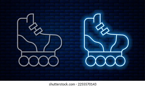 Glowing neon line Roller skate icon isolated on brick wall background.  Vector