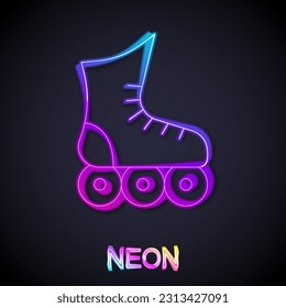 Glowing neon line Roller skate icon isolated on black background.  Vector