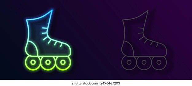 Glowing neon line Roller skate icon isolated on black background.  Vector