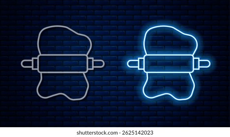 Glowing neon line Rolling pin on dough icon isolated on brick wall background.  Vector