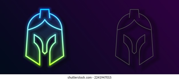 Glowing neon line Roman army helmet icon isolated on black background.  Vector