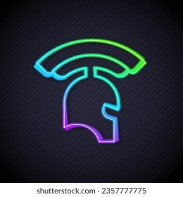 Glowing neon line Roman army helmet icon isolated on black background.  Vector