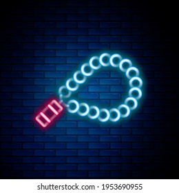 Glowing neon line Rosary beads religion icon isolated on brick wall background. Colorful outline concept. Vector