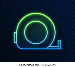 Glowing neon line Roulette construction icon isolated on blue background. Tape measure symbol.  Vector