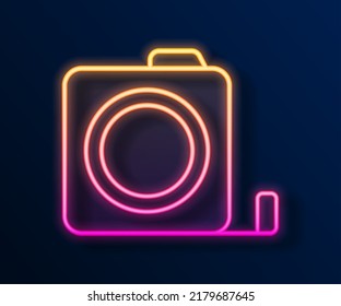 Glowing neon line Roulette construction icon isolated on black background. Tape measure symbol.  Vector