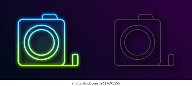 Glowing neon line Roulette construction icon isolated on black background. Tape measure symbol.  Vector