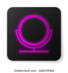 Glowing neon line Round makeup mirror icon isolated on white background. Black square button. Vector Illustration
