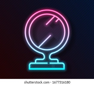 Glowing neon line Round makeup mirror icon isolated on black background.  Vector Illustration