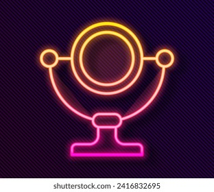 Línea de neón brillante Icono de espejo de maquillaje redondeado aislado en fondo negro.  Vector