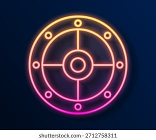 Glowing neon line Round shield icon isolated on black background. Security, safety, protection, privacy, guard concept.  Vector